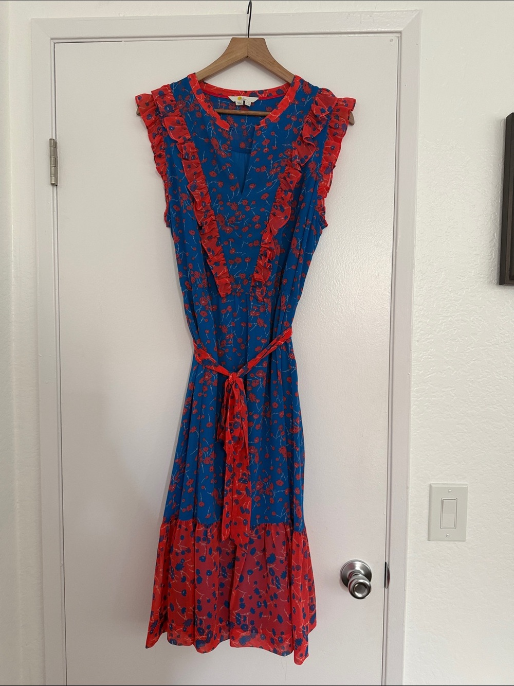 Boden Blue Dress with Red Floral Ruffle Details